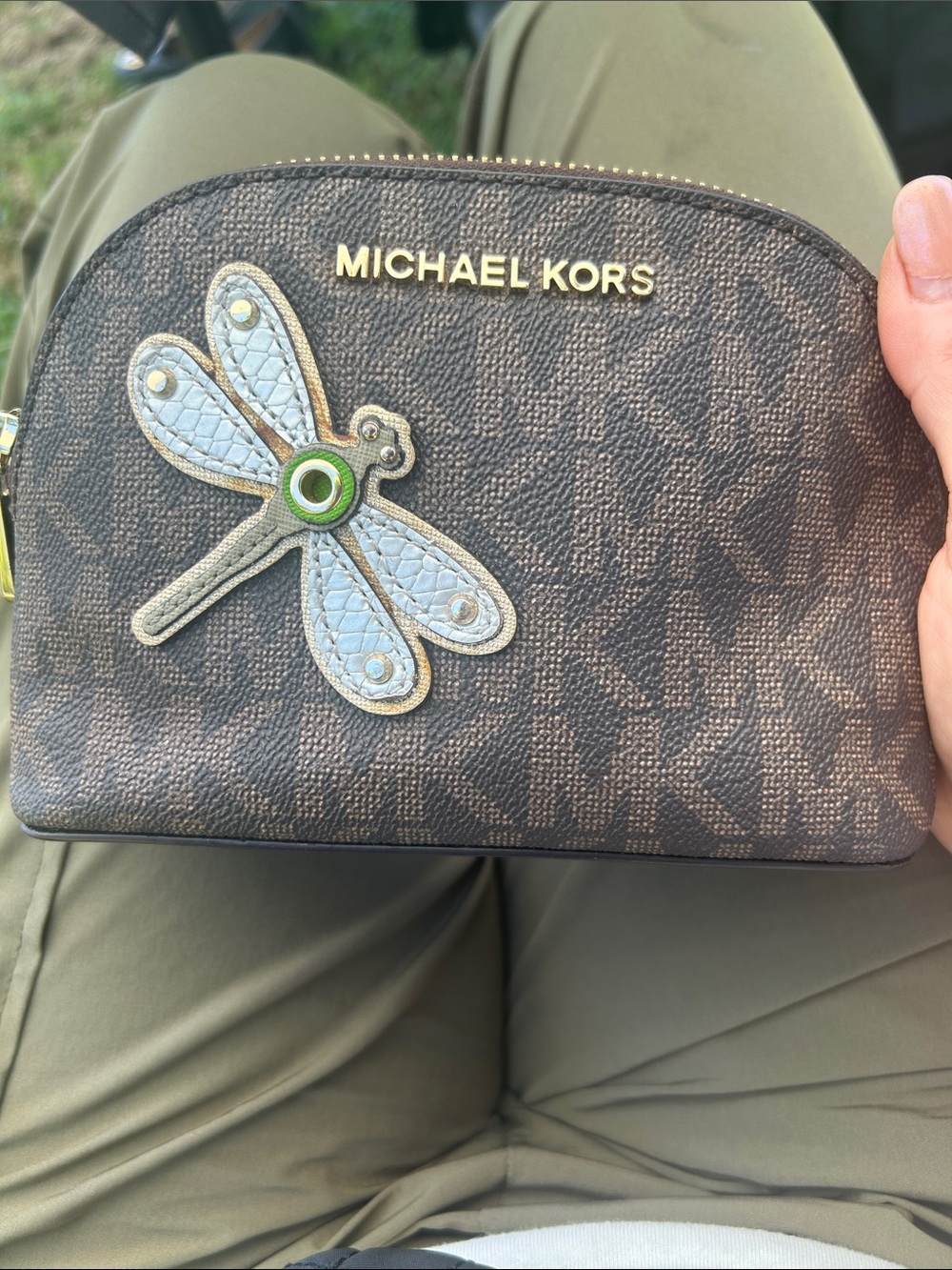 Michael Kors Brown Logo Cosmetic Pouch with Blue Dragonfly Accent